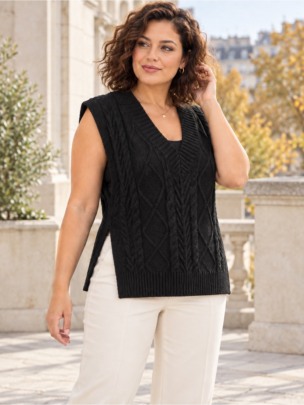 Black Cable-Knit V-Neck Sleeveless Sweater Vest